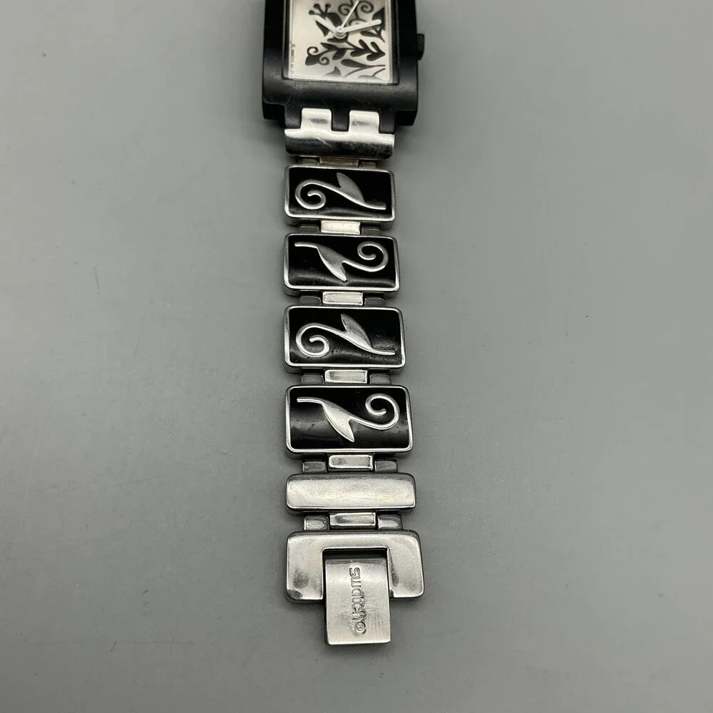 Vintage Swatch Womens Watch 24mm Silver Tone Black Floral Swiss New Battery 7